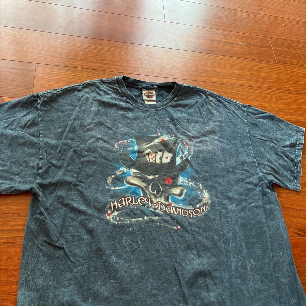 Harley Davidson Skull Top Hat Playing Cards Acid Wash T-Shirt Blue 3XL USA Made